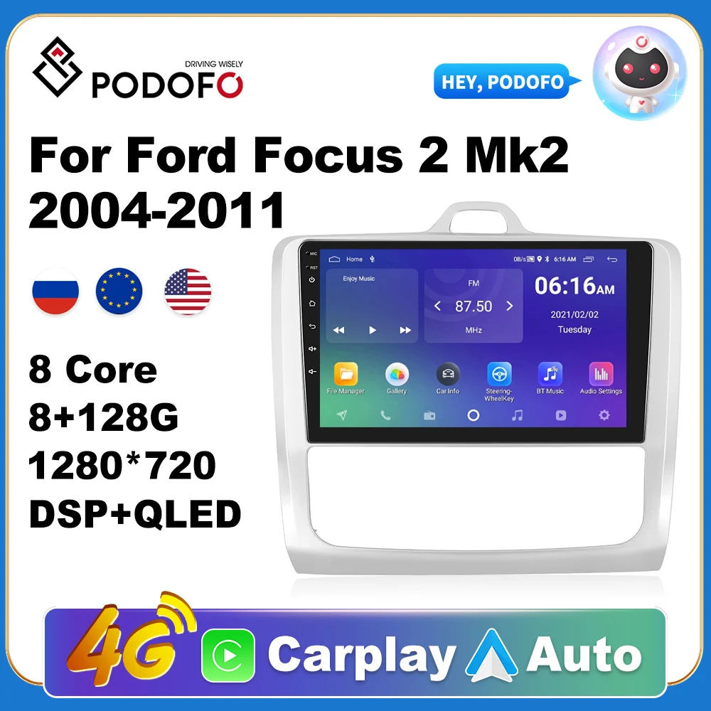 

Podofo Car Android Carplay Radio Multimedia Player For Ford Focus 2 Mk2 2004-2011 2 Din Autoradio Video AI Voice GPS Navi WiFi