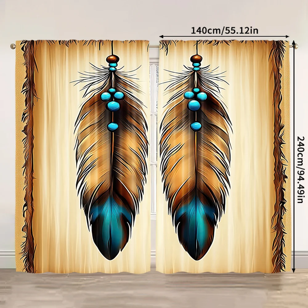 2pcs, spring summer Curtains Retro feather Indiana ethnic culture style simple Yarn Curtains Durable Polyester Outdoor 3