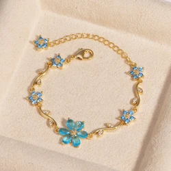 Elegant Floral CZ Bracelet with Bow Accent - Luxury Designer Jewelry Gift (Gold blue)