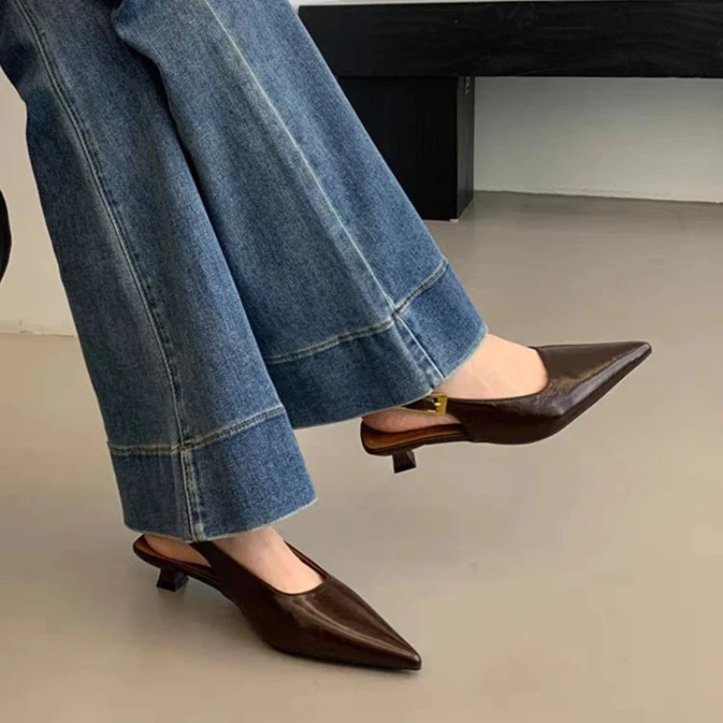 Summer Women Sandal Fashion Pointed Toe Shallow Slip on Ladies Elegant Slingback Shoes Thin Med Heel Dress Mules Black women slingback sandals women high heels shoes women dress shoes