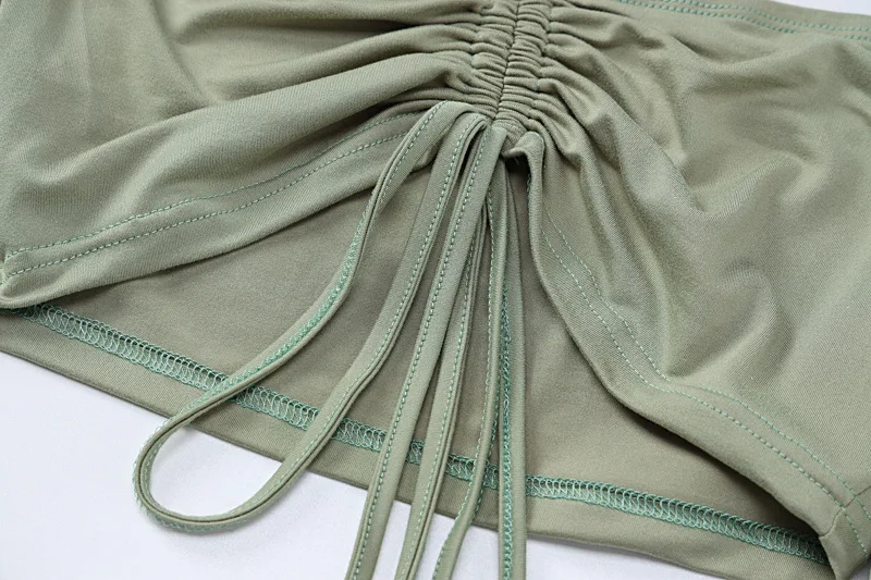 Fashionable and Sexy Drawstring Lace Up Exposed Umbilical Flare Sleeve Top Slim Fit Green Half Skirt Suits Womens Two Peice Sets