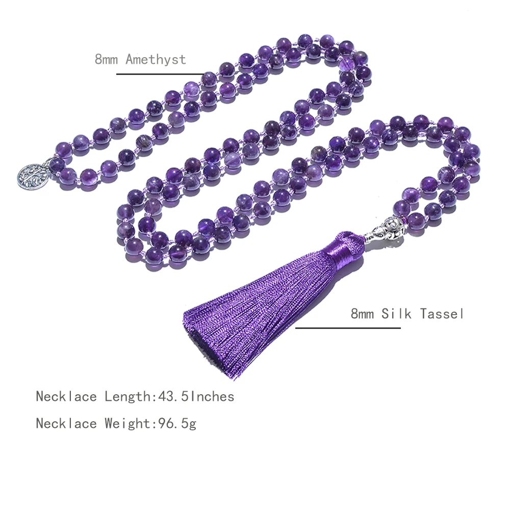 Perles d'améthyste naturelles nouées de 8mm, 108, collier chapelet de Yoga, de méditation, de prière, bijoux pour hommes et femmes