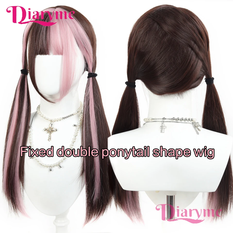 Synthetic Long Ombre Colorful Cosplay Lolita Cute Wig With Bangs Natural Wavy Halloween Pink Mixed Brown Daily Wigs Christmas