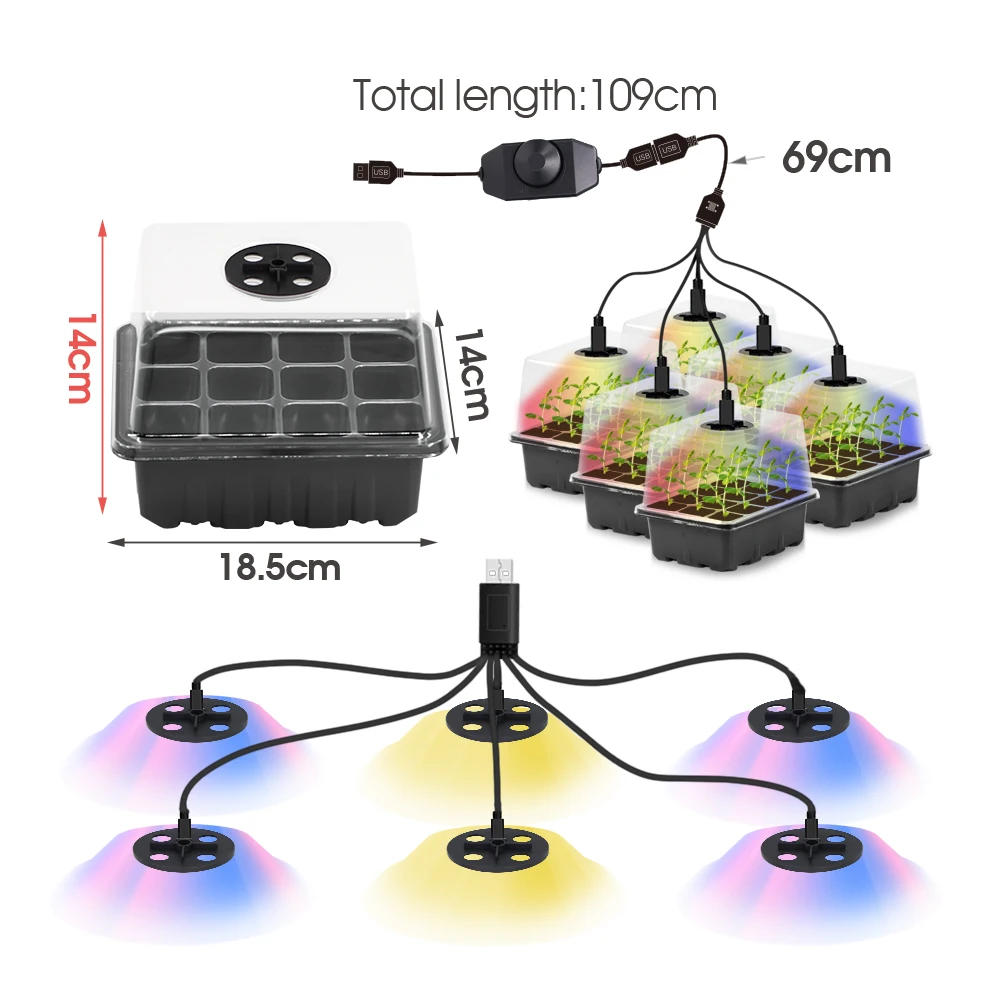 Seedling Starter Nursery Growing Box Plant Propagation Container Tray Kit Full Spectrum LED Growing Light Plastic Pot