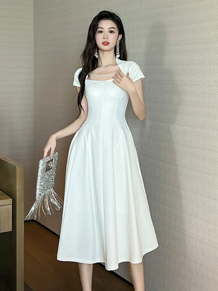 

Summer Luxury Elegant Women Evening Long Dress Retro Solid Square Collar Slim Midi Dresses Party Gown Robe Mujer Vestidos Fiesta