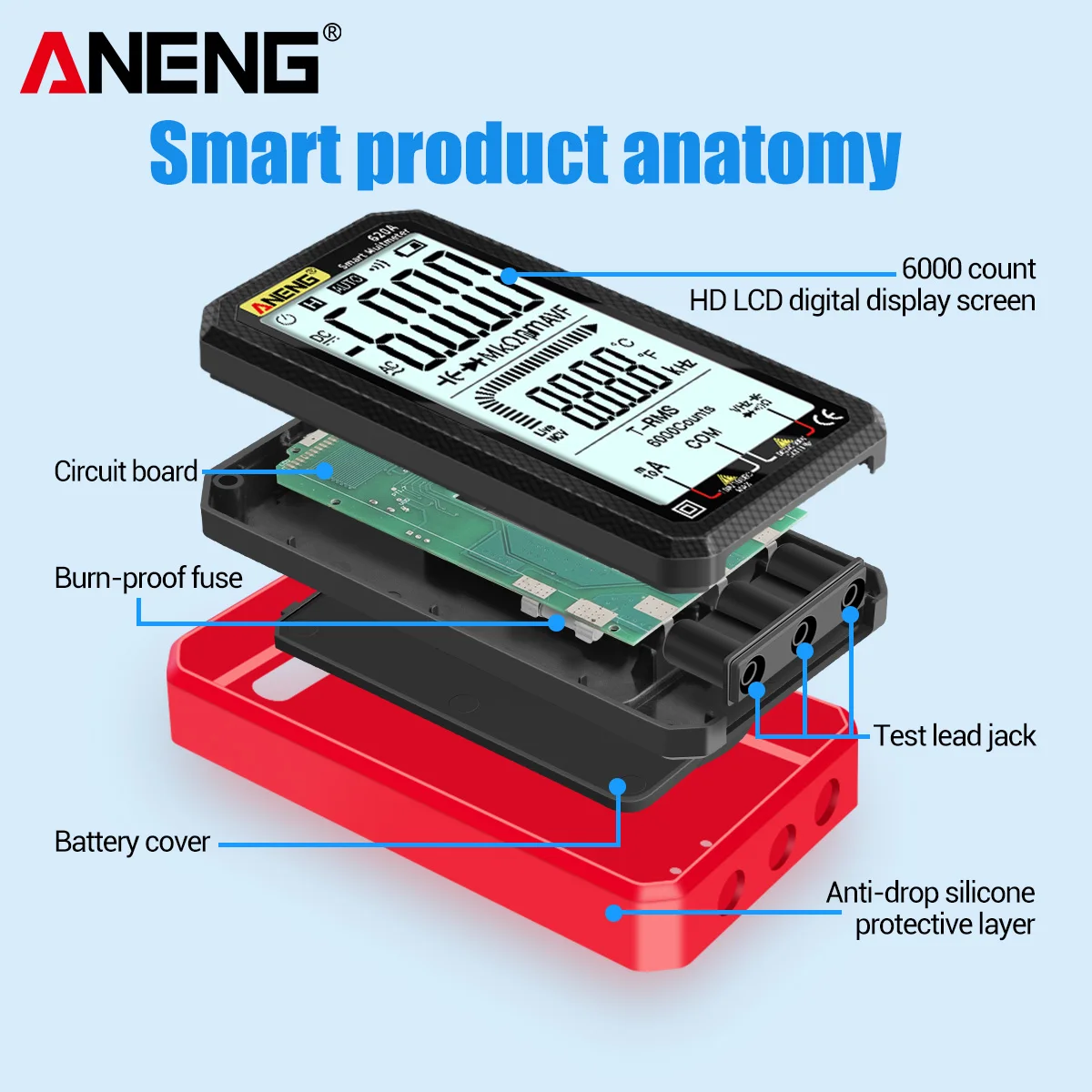 ANENG 620A Digital Multimeter LCD Display AC/DC Ultraportable True-RMS Multimeter Auto-Ranging with Amp Volt Ohm Multi Tester