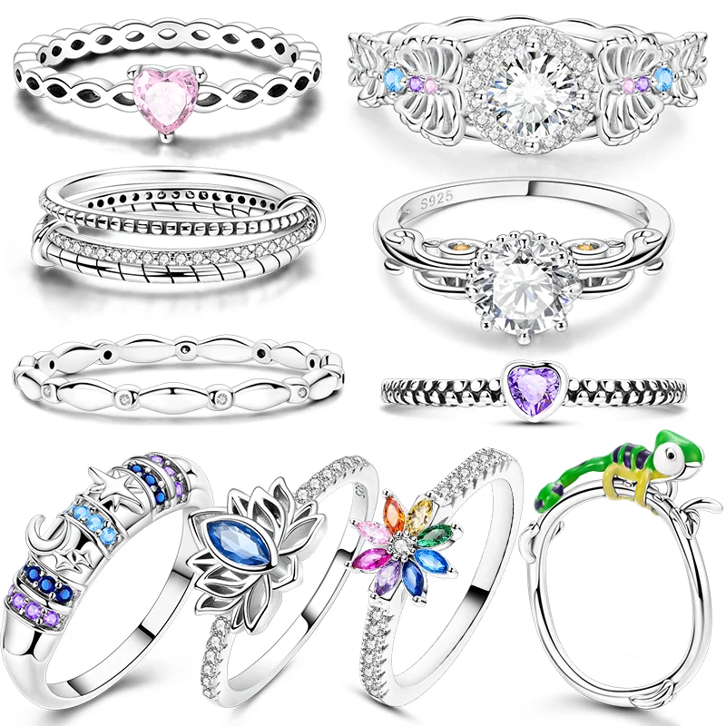 New 925 Sterling Silver Rings Blue Zircon Star Ring Original 925 Flower Ring DIY Women Jewelry Gift 2