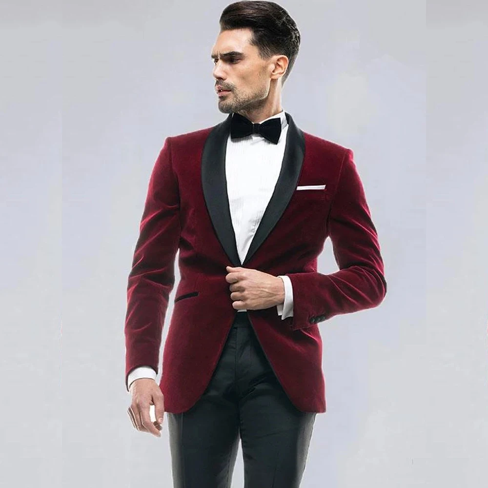 

Burgundy 2 Piece Jacket Black Pants Shawl Lapel Single Breasted Formal Party Wedding Men's Suits Blazer Tailor-made Skinny Set