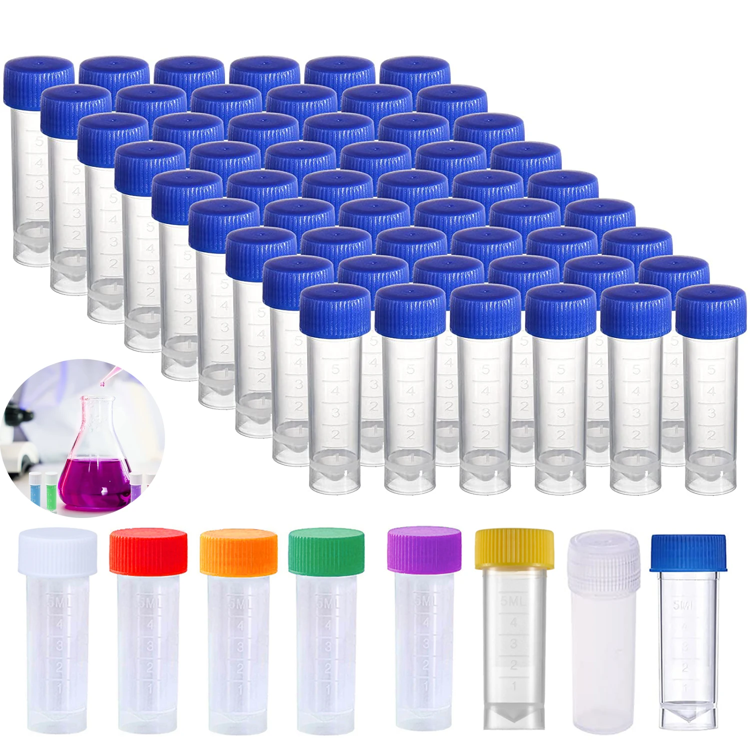 Plastic Test Tubes Vials Sample Container Powder Craft Screw Cap Bottles for Office School Chemistry Supplies 1-10ml 50/100Pcs
