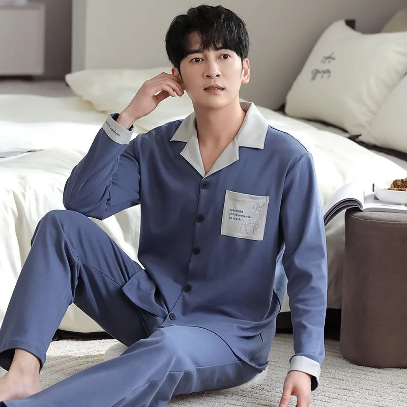 2024 New Pajama Men Spring Autumn Long-sleeved Cotton Sleepwear Loose Plus Size Simple Homewear Suit V-neck Loungewear
