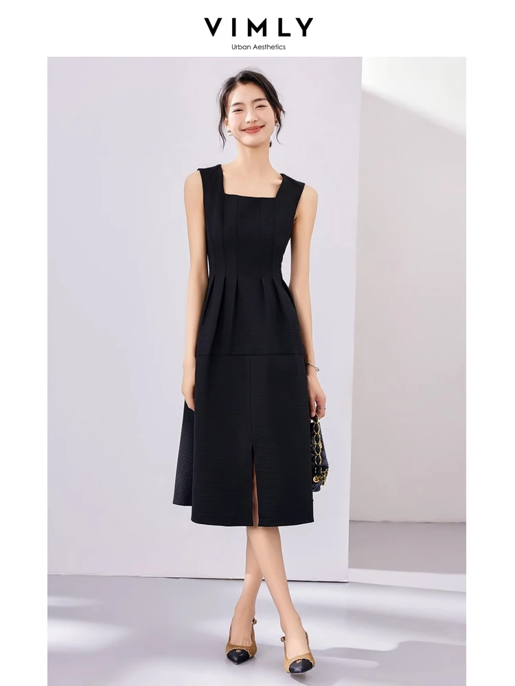 vimly-sleeveless-fitted-black-tank-dresses-for-women-2024-spring-fashion-a-line-split-midi-pleated-dress-womans-clothing-m2665