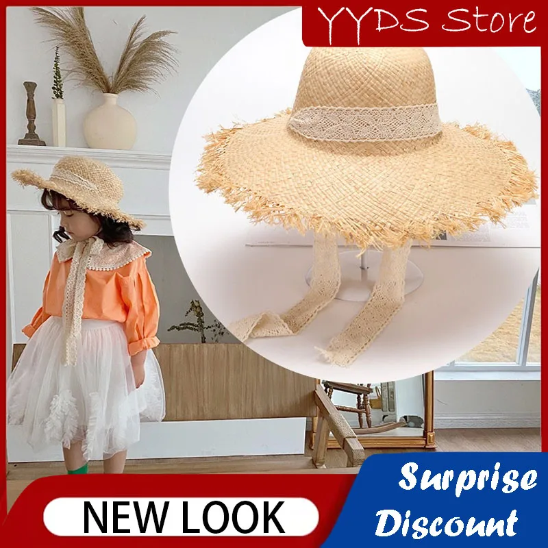 Summer Children's Hats Girls Big Brim Haired Raffia Straw Hat Sunscreen Sunshade Holiday Sun Hat Flat Brim Beach Panama Hat