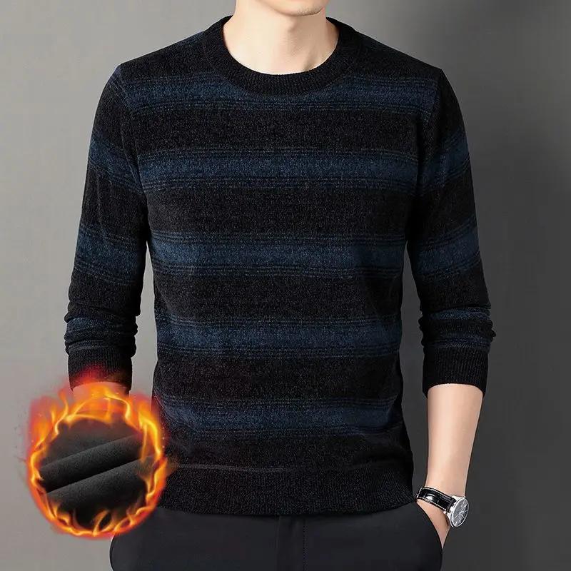 Autumn Winter New Striped Fashion Long Sleeve Sweater Man High Street Casual Contrast Color Pullovers Men Plus Velvet Warm Tops