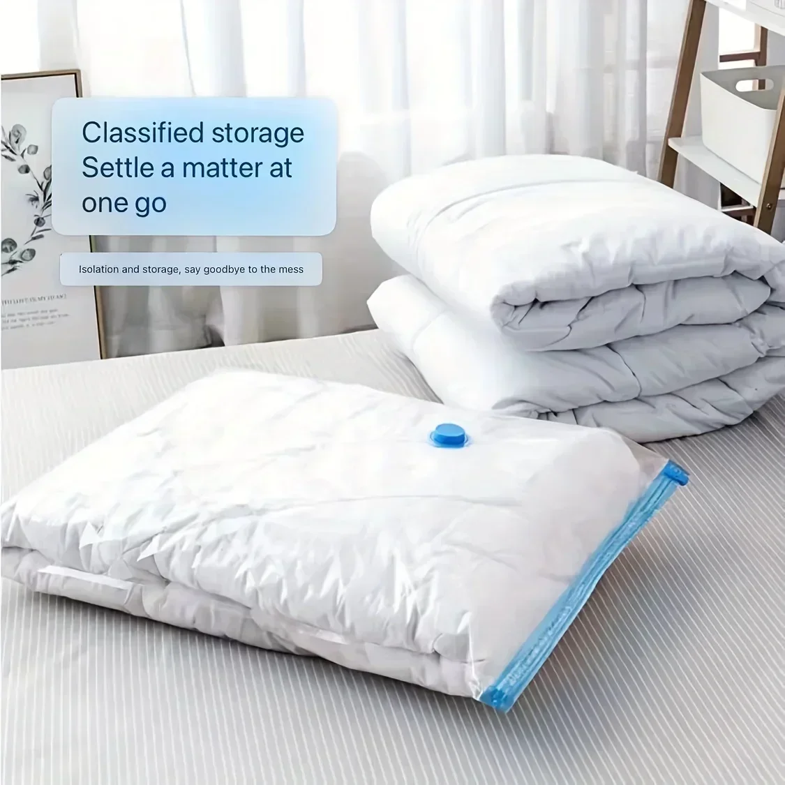 A set of multi size space saving vacuum storage bags with hand pumps - used for storing and organizing clothes and quilts 3