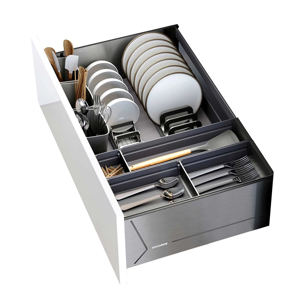 Goldmine Aluminum Slide Out Cabinet Organizers Deep Tableware Pullout Storage Basket High End Dishes Cabinet Pull Out Drawers