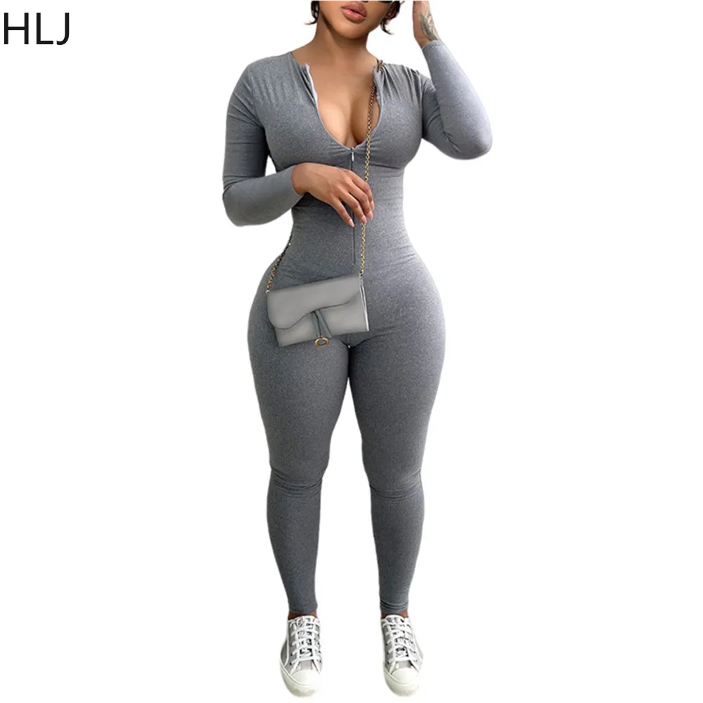 HLJ Autumn Casual Solid Color Bodycon Jumpsuits Women Zipper V Neck Long Sleeve Skinny Pants Playsuits Female Sporty Overalls