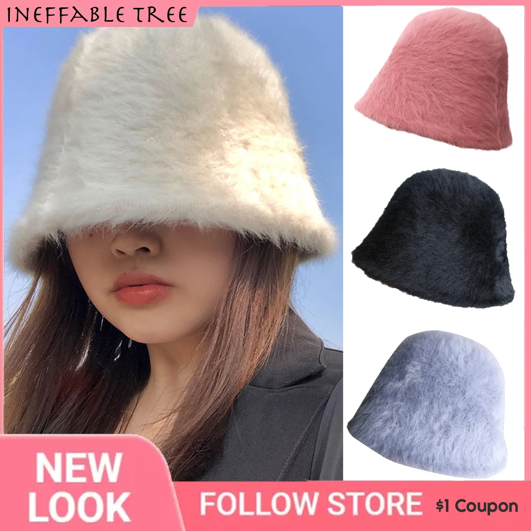 

Panama Winter Rabbit Fur Wool Hats For Women Bucket Hat Pompom Ear Protection Beanies bucket hat Fur Cap панама женская 모자