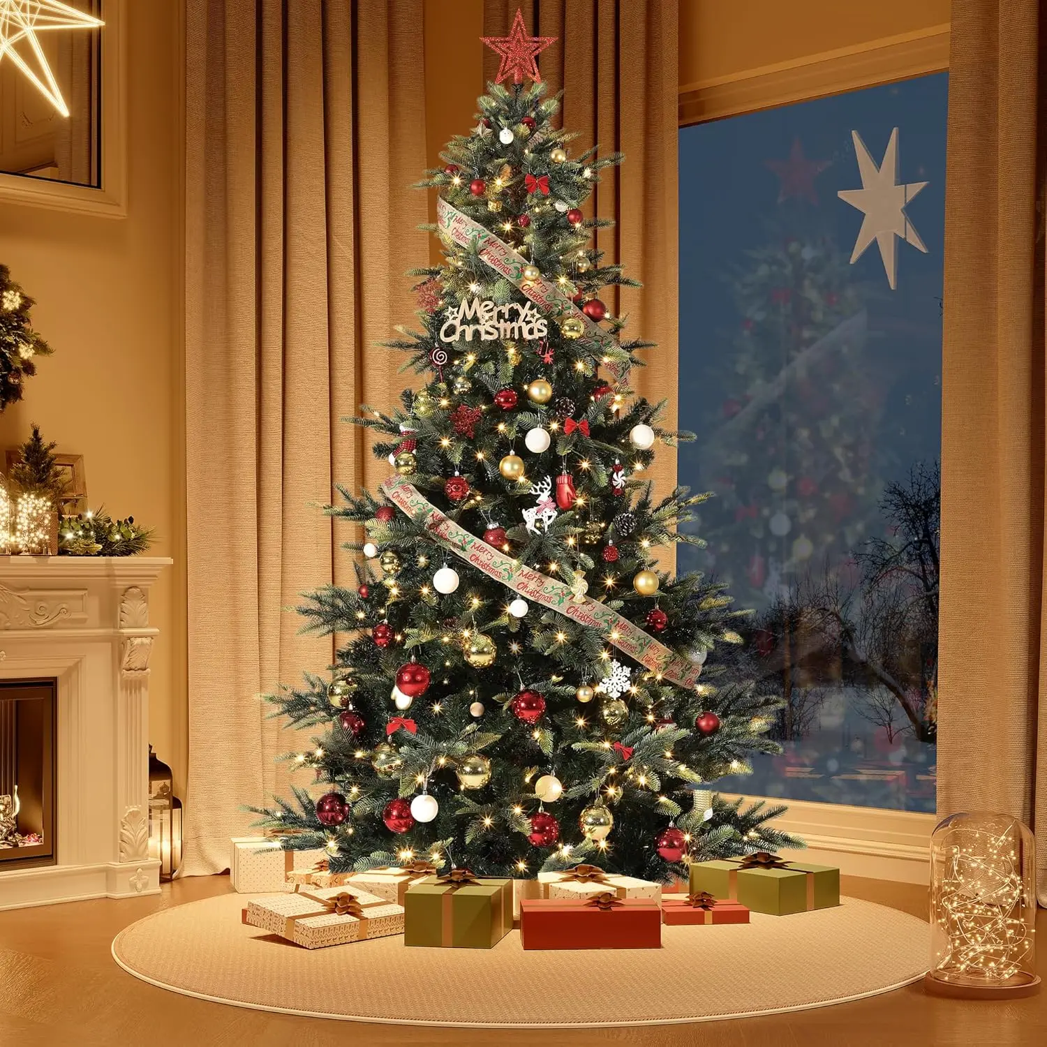 4.5/7.5/9 FT Artificial Pre-lit Christmas Tree Green PVC Christmas Tree With Warm White Lights For Home Office Xmas Party Decor