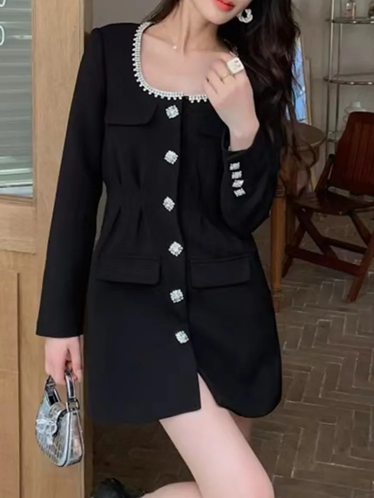 Smthma New Fashion French Style Black Diamond O-Collo Runway Dress Temperamento Da Donna Vita Alta Sim Abiti Corti Vestidos