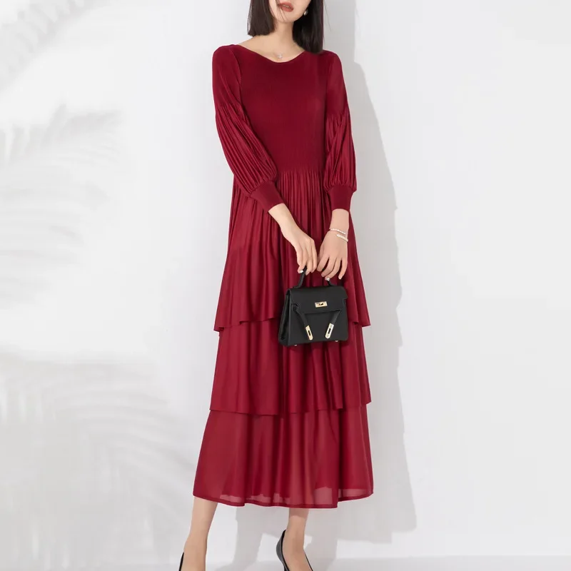 

Miyake Pleated Fashion Dress Round Neck Stitching Sleeves Layers Solid Color Long Dresses Female Party Clothing New 2023