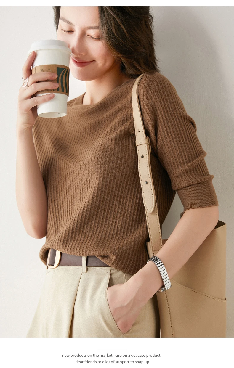 Spring and Summer New Half-sleeved Women O-neck Slim Wool Cotton Blend Pullover Vest T-shirt Knitted Base Sweater brown cardigan