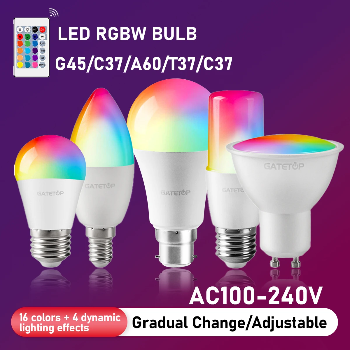 원격 제어 LED RGBW 스마트 전구, 휴일 및 무드 조명용 디밍 기능 포함, GU10 A60 C37 G45