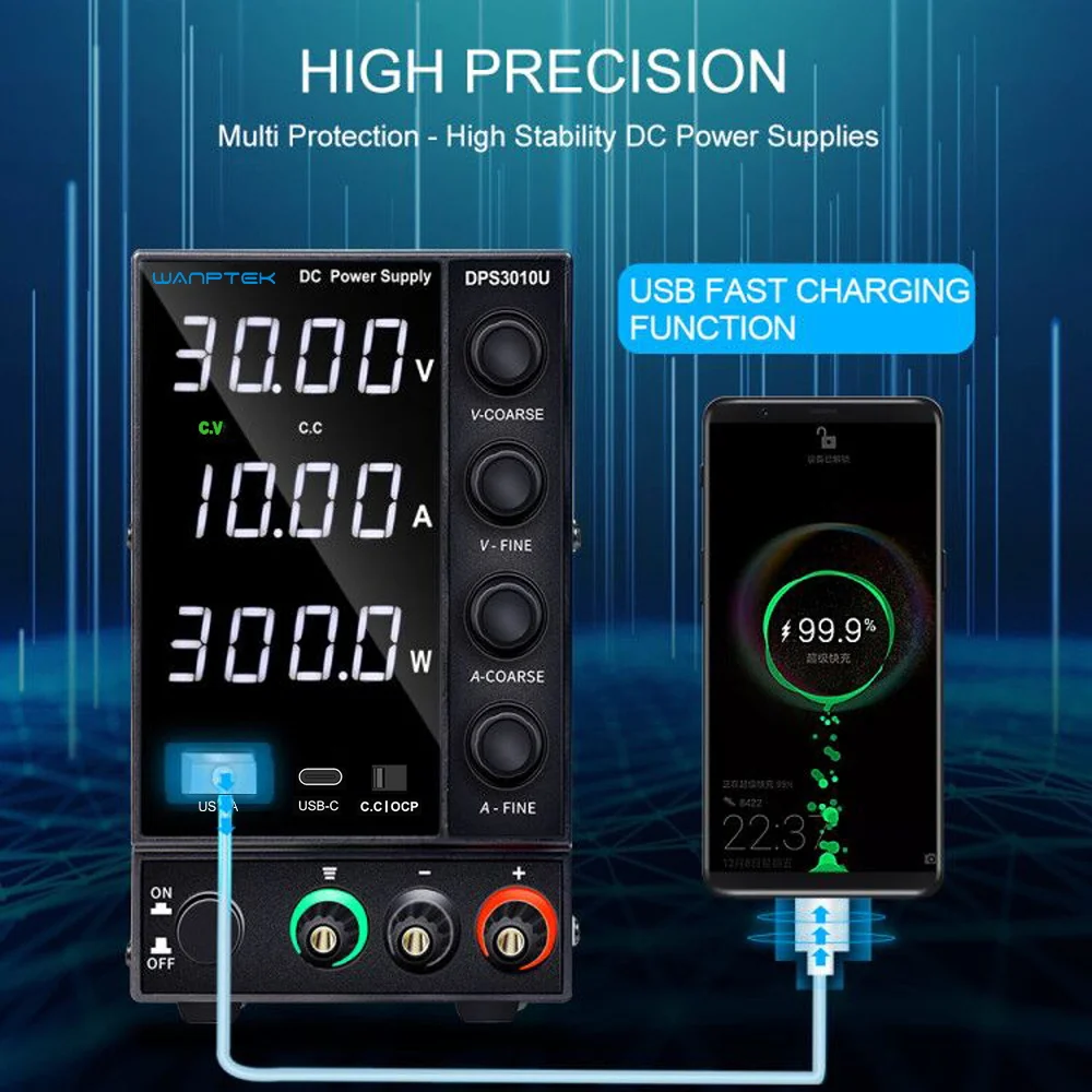 30V 10A DC電源、高精度4桁LEDディスプレイ付き調整可能、デュアルチャネルラボ