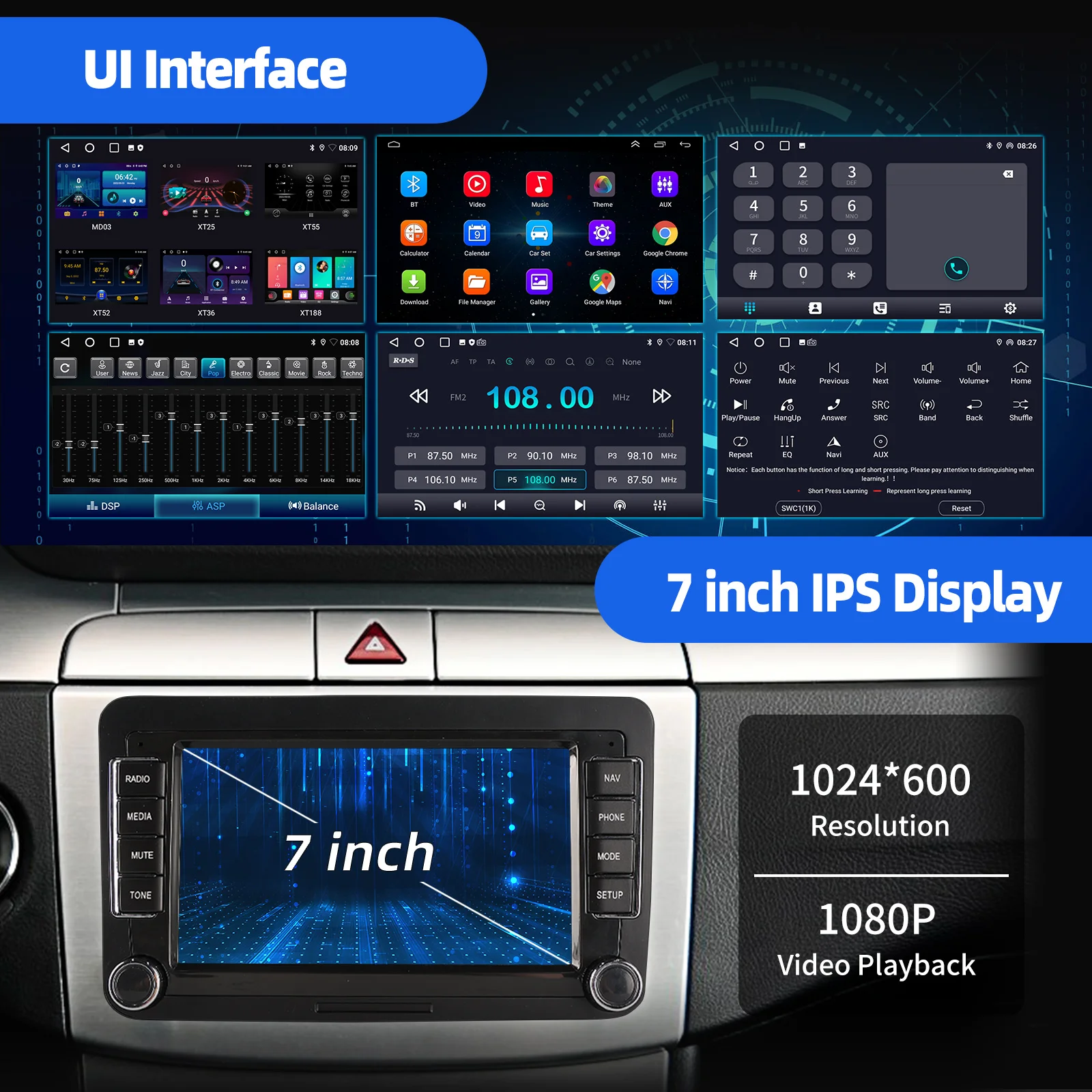 ESSGOO Autoradio Android 14 7" 4+64Go CarPlay Sans Fil GPS Navigation WIFI RDS FM Bluetooth pour VW Golf 5 6 Passat Polo 6R Touran Tiguan Caddy EOS Jetta Seat Skoda Écran Tactile Mirror Link USB IA Voix Android Auto 3