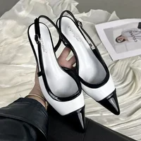 Designer Black White Mixed Color Low Heeled Sandals Women Sexy Pointed Toe Slingbacks Chunky High Heels for Women Elegant Heels - Image 2