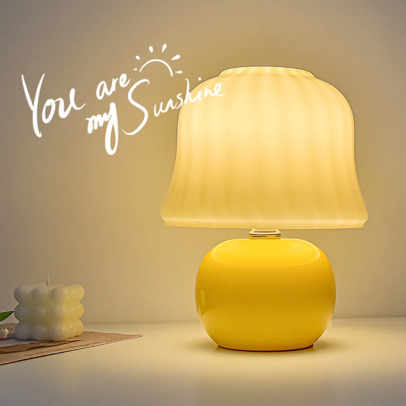 

LED Dimmable Desk Lamp Creative Room Bedside Mushroom Decor Lamp Family Study White Glass Lighting Table Lights for Dining Table
