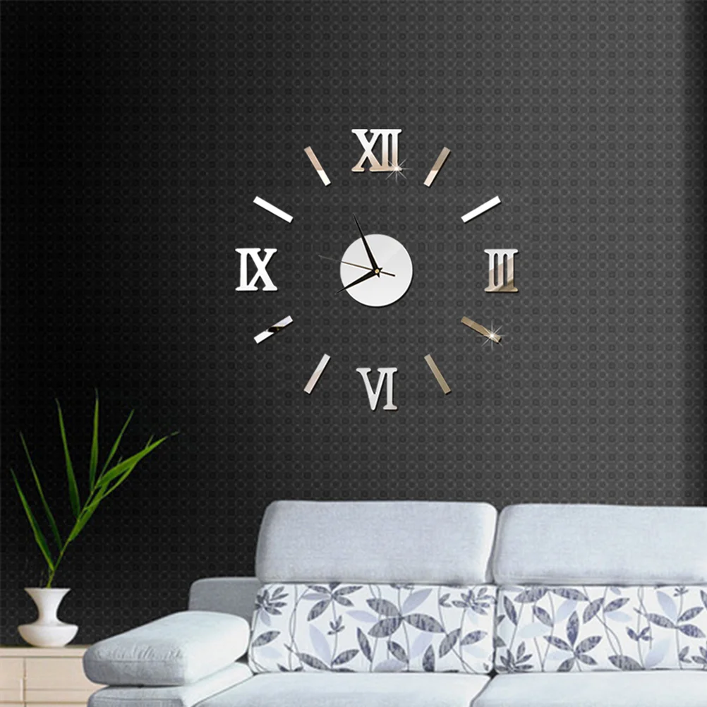 3D DIY Wall Clock Modern Frameless Large Mirror Surface Effect Wall Clock for Home Living Room Bedroom Decoration (Silver) 3