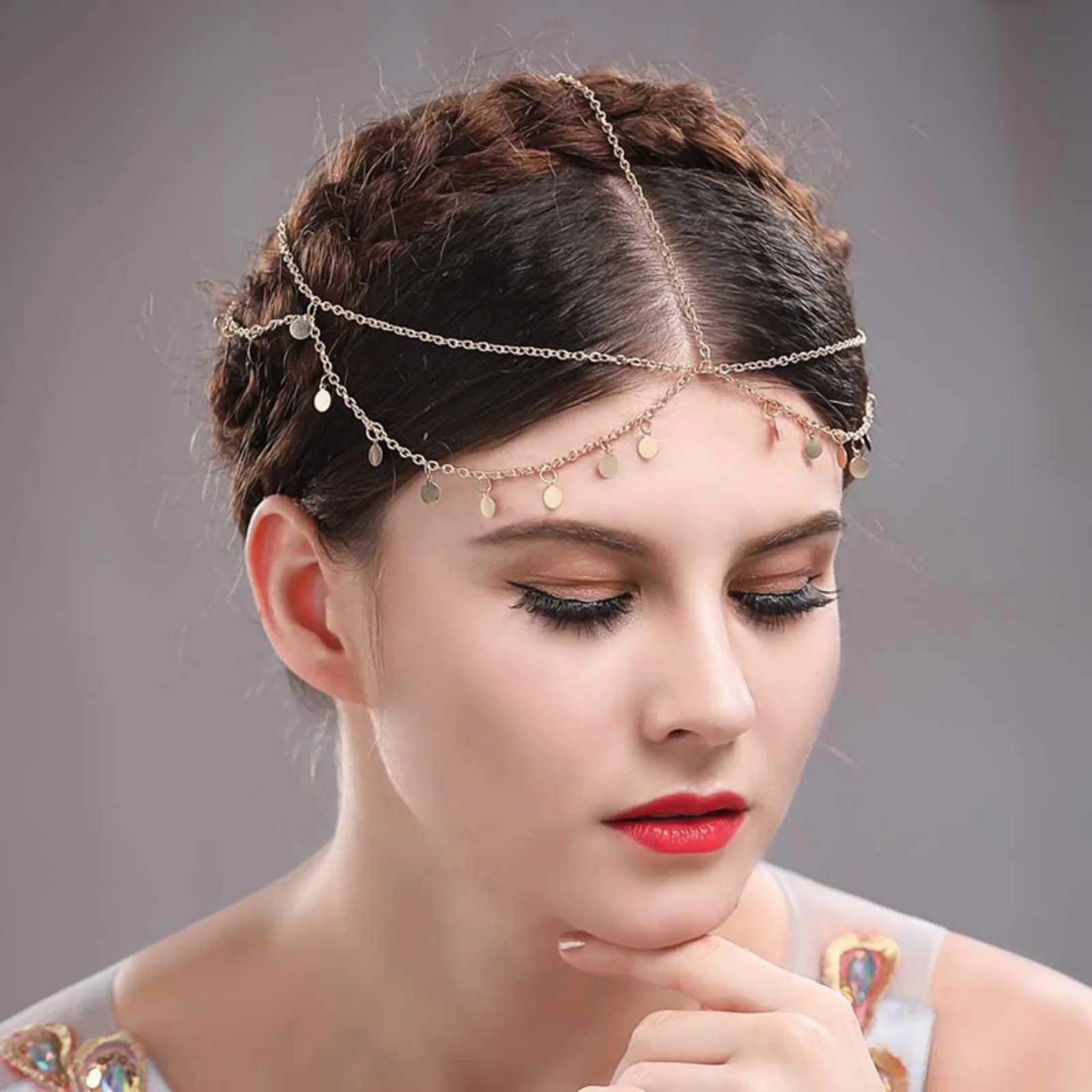 1PC Gold Chain Headpiece with Disc Charms, Boho - Style Hair Accessory, Elegant Head Chain for Festivals & Parties