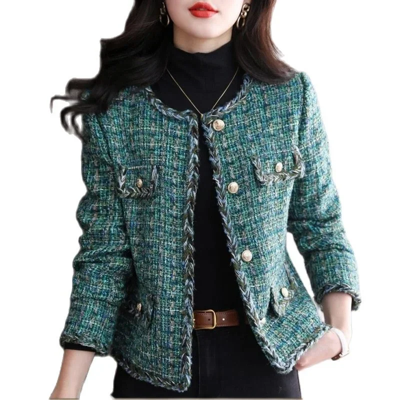 

Green Tweed Fragrant Commuter Simple Jacket Winter Autumn 2023 New Women's Round Neck Coat 1989