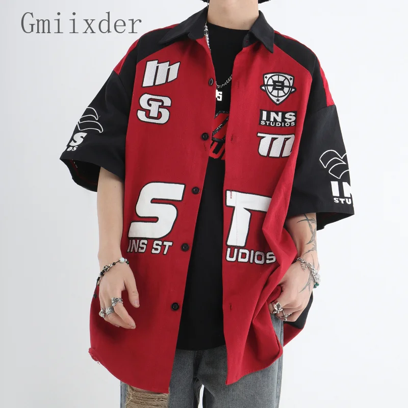 

Punk Street Racing Shirt Heavy Industry Embroidery Chic Blouse Couple Vintage American Wash Short Sleeve Button Top