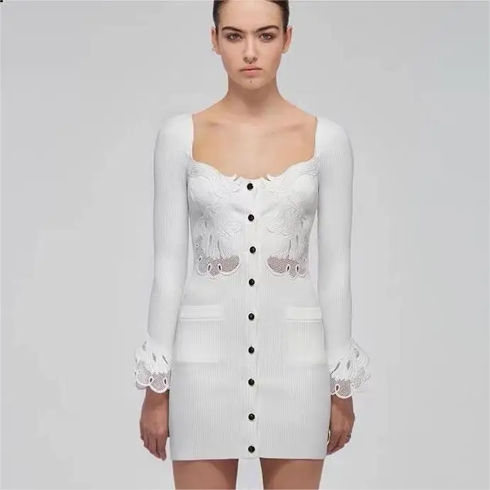 

Women's Hollow Out Lace Embroidery Square Collar Single Breasted Flare Sleeve Bodycon Dress