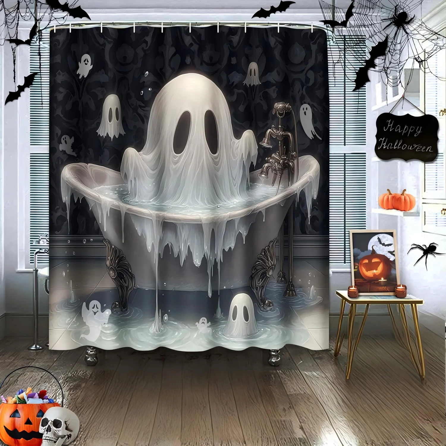 Conjunto de banho de Halloween 4 unidades - Fantasma subindo da cortina de chuveiro de poliéster da banheira com tapetes impermeáveis