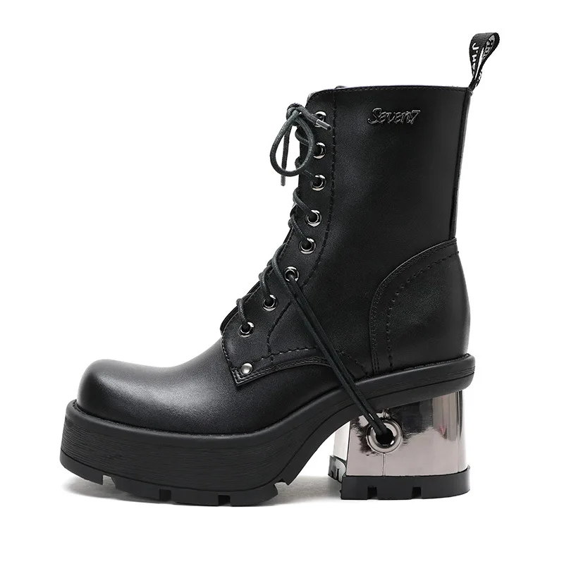 

Black Motorcycle Short Boots Thick Sole Chunky Heel Martinn Boots Vintage Punk Lace up Platform Metal Decor High Heel Women Boot