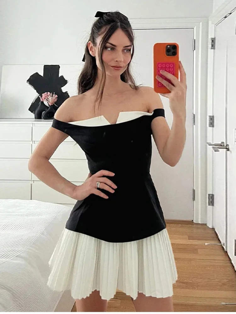 Contrast Color Folds Mini Dress For Women Slim Fit Off-Shoulder Sexy Dress Plunge Elegant Sleeveless Gown Dress Ladies