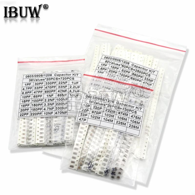 320PCS 720PCS 2500PCS 0603 0805 1206 SMD Capacitor Kit 16/36/50Values 1PF ~ 1UF smd capacitor