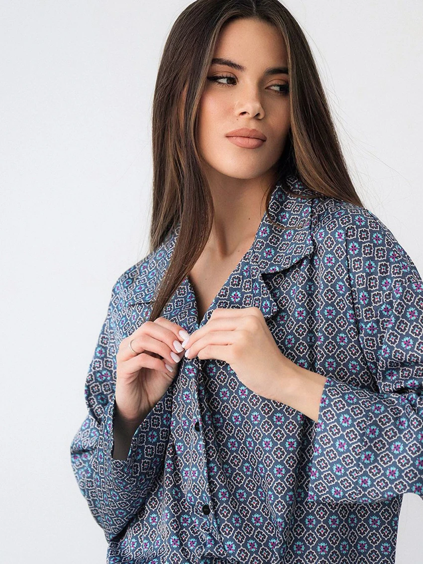 Marthaqiqi Printing Female Pajamas Suit Sexy Turn-Down Collar Sleepwear Long Sleeve Nightgowns Pants Casual Ladies Nightwear Set