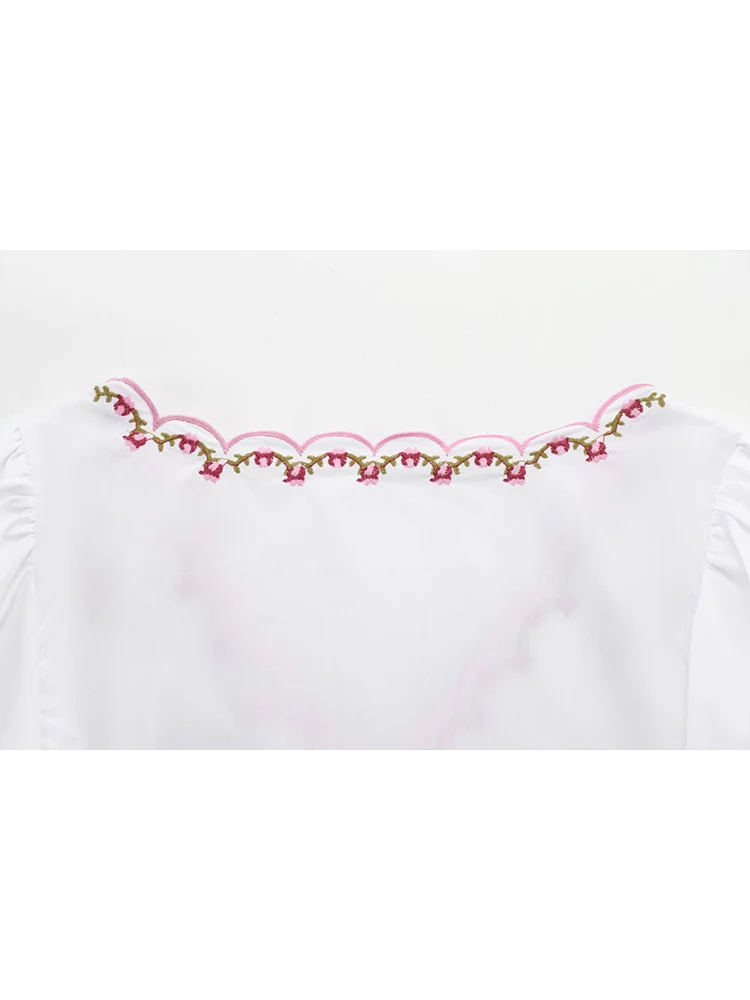 TFMLN Embroidery Shirts Blouses For Womens Summer Lace Up Round Neck Short Top Loose Short Sleeve Casual Shirt Retro Style