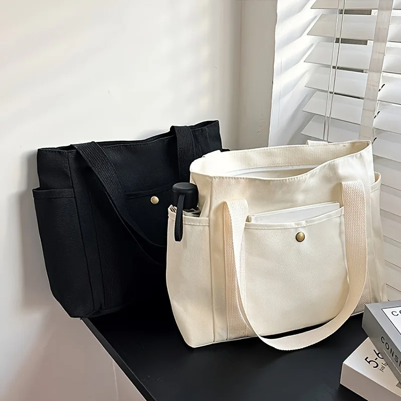 Large Capacity Canvas Tote Bag Solid Color Shoulder Bag Women's Casual Handbag & Purse for Commute Casual Style Thickened Bag