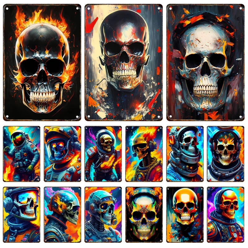 

Halloween skull metal sign plaque tin painting vintage horror poster home patio bar club modern wall art decor mural aesthetics
