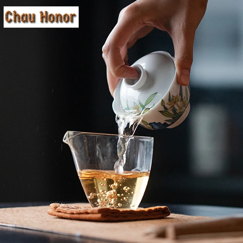 100ml Pure Hand-painted Narcissus Orchid Art Tea Tureen Boutique Tea Maker Gaiwan Ceramic Hand Grasping Tea Bowl Kung Fu Teaware