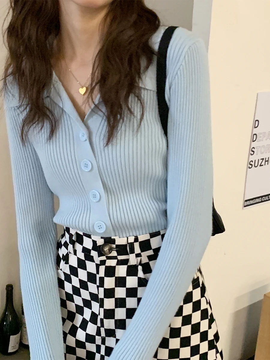 

Early Autumn Soft Waxy Skin Lapel Pit Stripe Female Versatile Korean Thin Sweater Cardigan Top Fashion