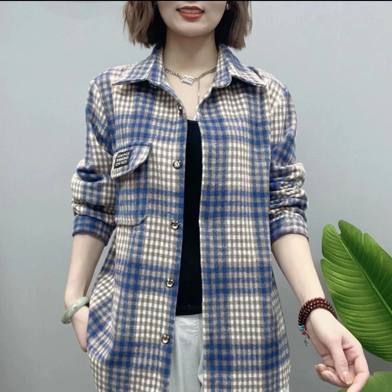 Women Spring and Autumn Fashion New Polo-Neck Thick Shirt Plaid Button Pockets Splicing Versatile Mid-length Long Sleeves Tops women s elastic waist drawstring pockets wide leg autumn winter solid color high waist straight loose casual floor length pants