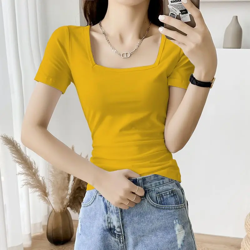 

Fashion Square Collar Solid Color Short Sleeve T-Shirt Female Clothing 2024 Summer New Slim All-match Tops Casual Tee Shirt