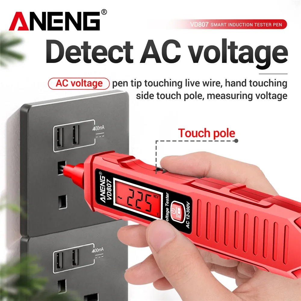 Aneng Vd807 Eenwoord Inductie Draagbare 50/60Hz Slimme Elektrische Pen Tester Ncv Sensor Ac 12-300V Contactloze Draaddetector Gereedschap