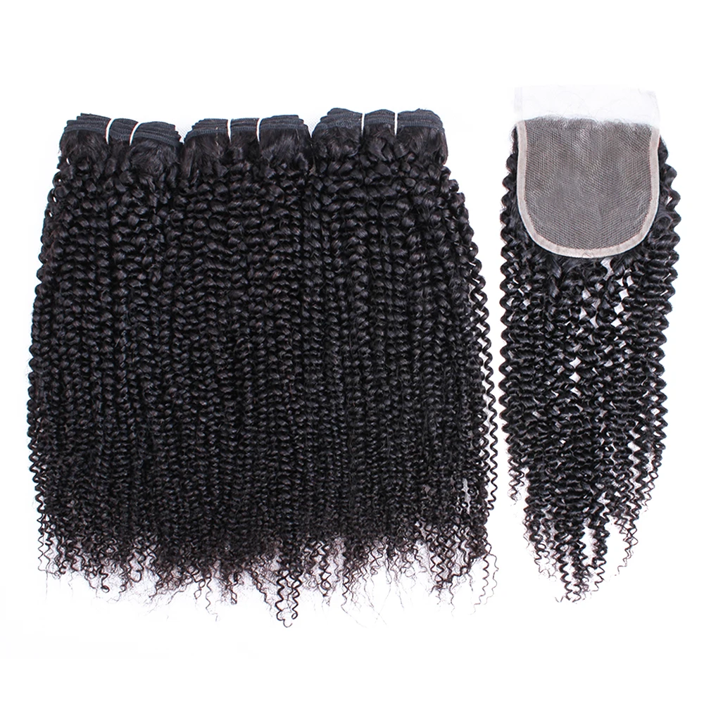 

Gemlong 3 Bundles With 4*4 Lace Closure Kinky Curly Remy Indian Human Hair Extension 4x4 Lace Tangle Free Afro Weaving 300g/lot