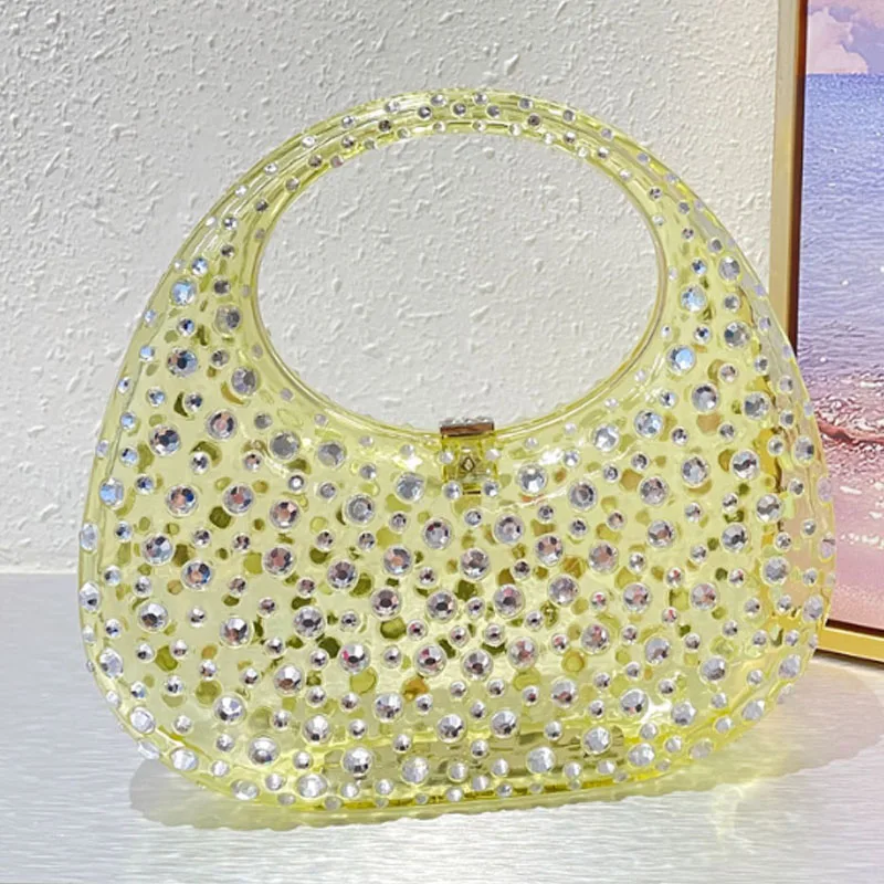 thumbnail image 1 of Bolso de lujo de acrílico transparente para mujer, bolso de noche con brillantes diamantes de imitación, bolso de concha en forma de media luna, 1 of 5